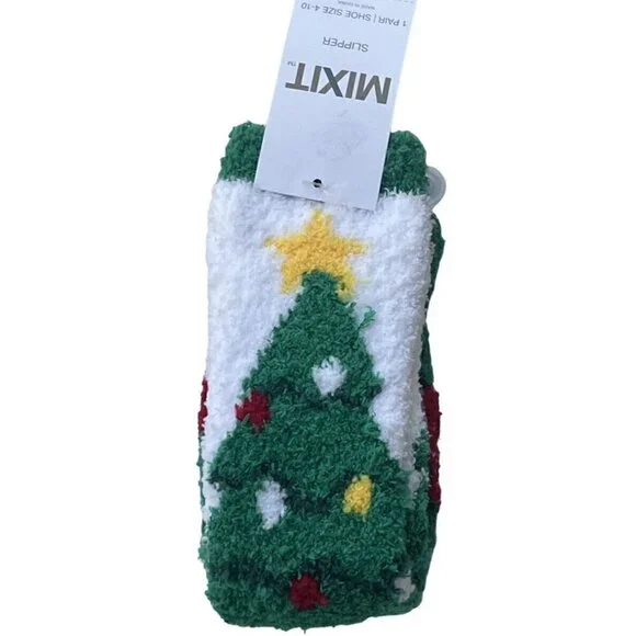 MIXIT 1 Pair Christmas Tree Cozy Fleece Non-Slip Slipper Socks Fits Shoe 4-10 - Picture 1 of 7